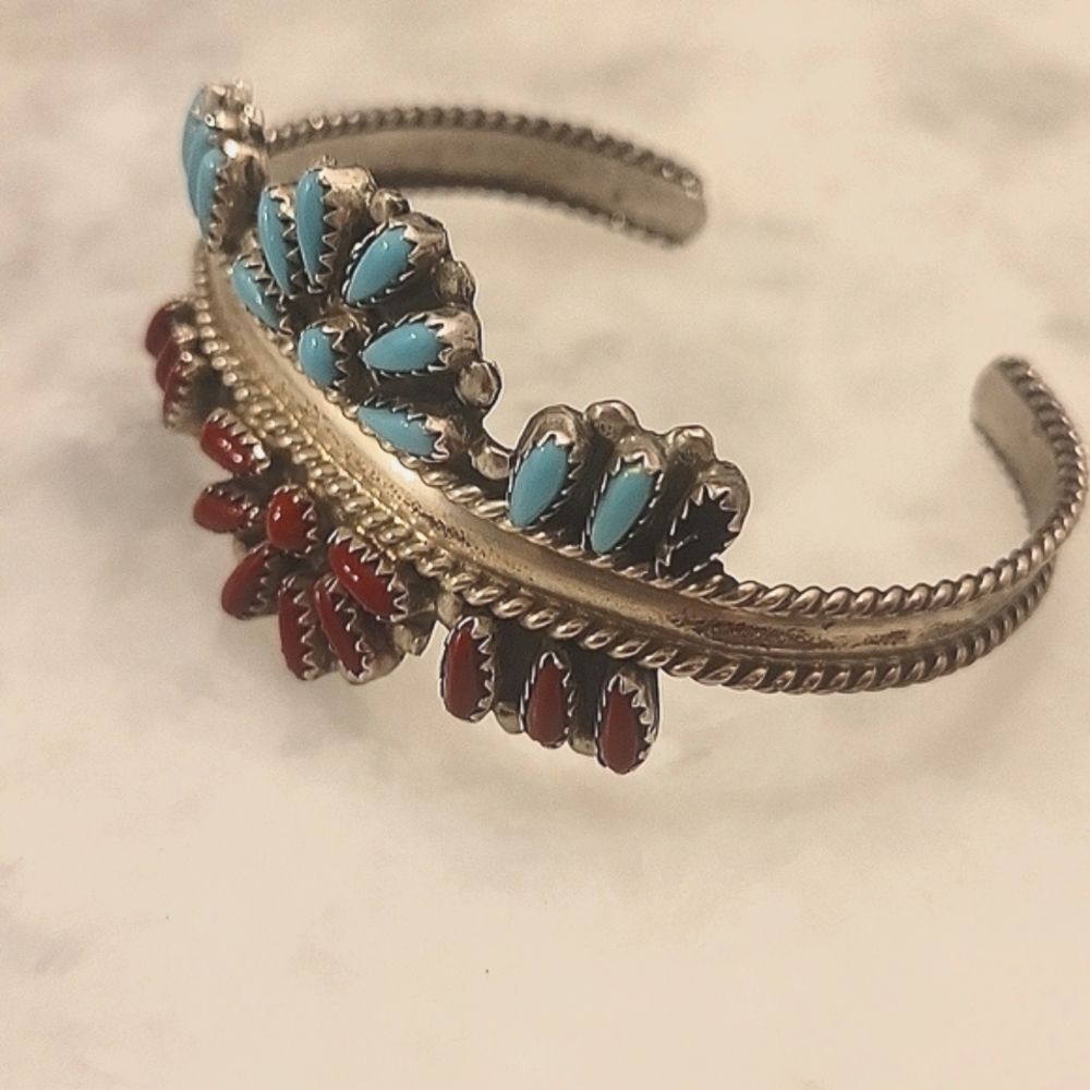 Signed Navajo Dewey Janette DJ Sterling Native Zuni Turquoise Coral Bracelet VTG
